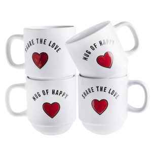 Sheffield Home Set of 4 Stackable Stoneware Mugs with a Metal Rack for Storage, Large Cups for Tea, Mugs for Latte, and Hot Chocolate (Heart Sentiments)