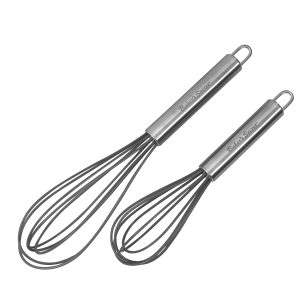 Baker's Secret Silicone Whisks 8" 10" Set of 2, Heat Resistant, Stainless Steel Handles, kitchen utensil set for Baking Cooking, Ballon Whisks Set - Silver
