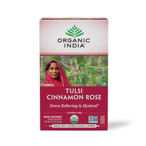 ORGANIC INDIA Tulsi Cinnamon Rose Tea Bags - Tulsi Rose, Cinnamon with Holy Basil, Chamomile, Stevia, USDA Certified Organic Caffeine Free Herbal Tea - 18 Infusion Bags, 1 Pack